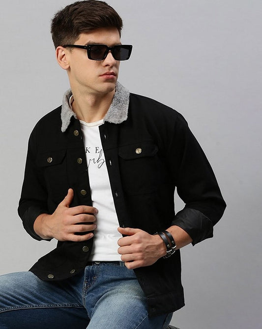 Men's Black Sherpa Denim Jacket Premium Quality - Ace Cart