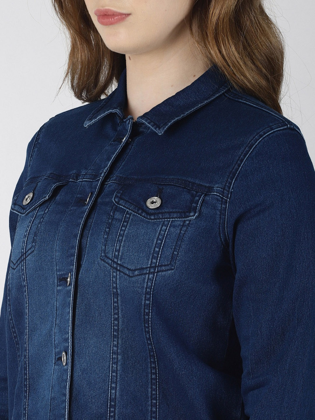 Women Dark Blue Solid Jacket  - Front View - Available in Sizes XL