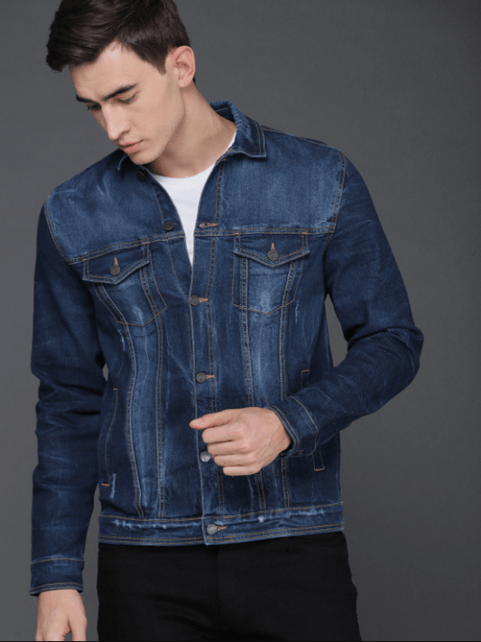 Mens Denim Jacket Dark Blue - Front View - AceCart