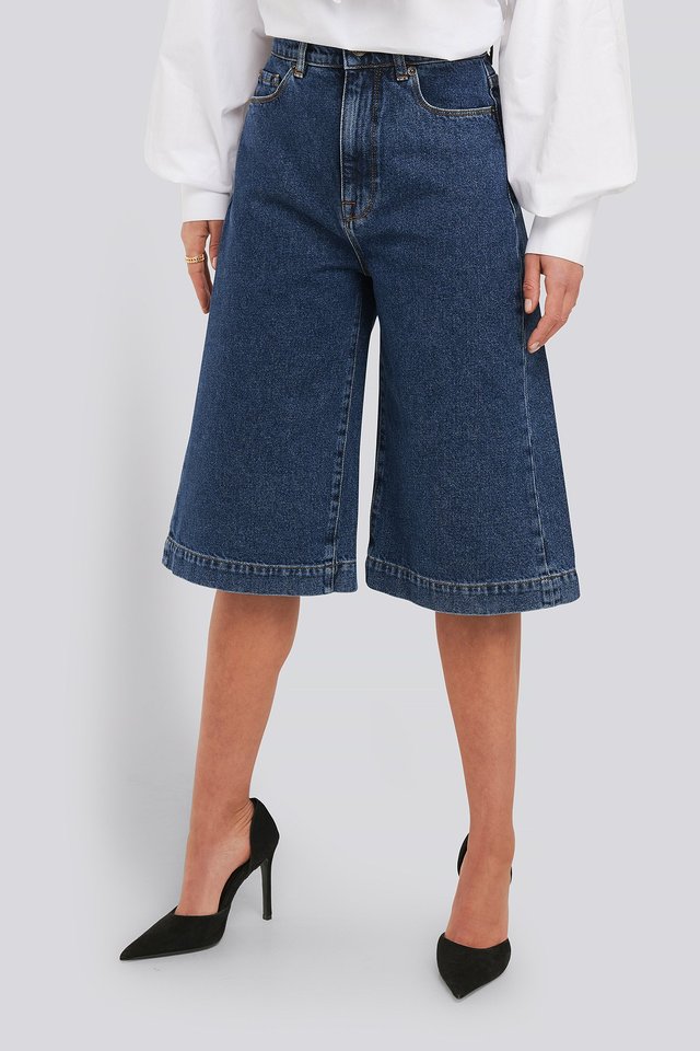 Mid Rise Denim Culottes Blue For Womens  - Left Side View - AceCart