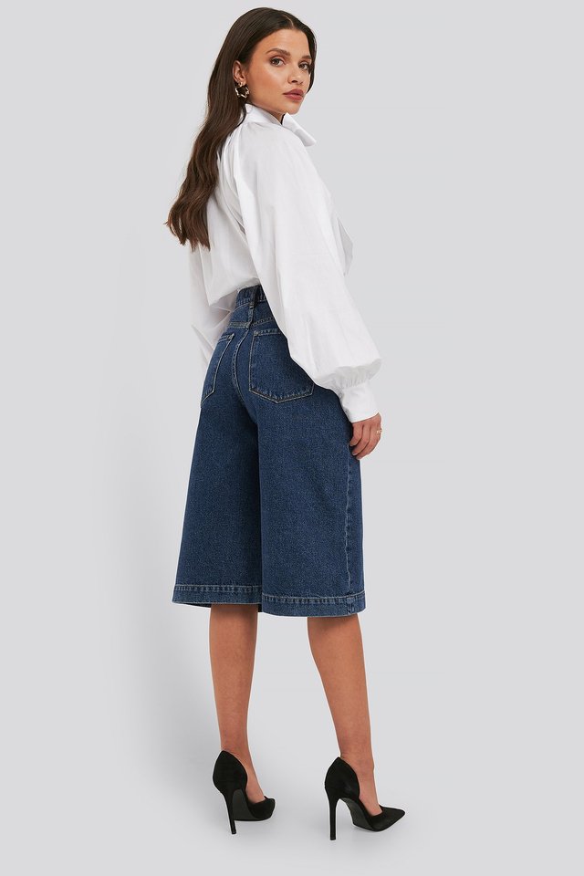 Mid Rise Denim Culottes Blue For Womens  - Back View - AceCart