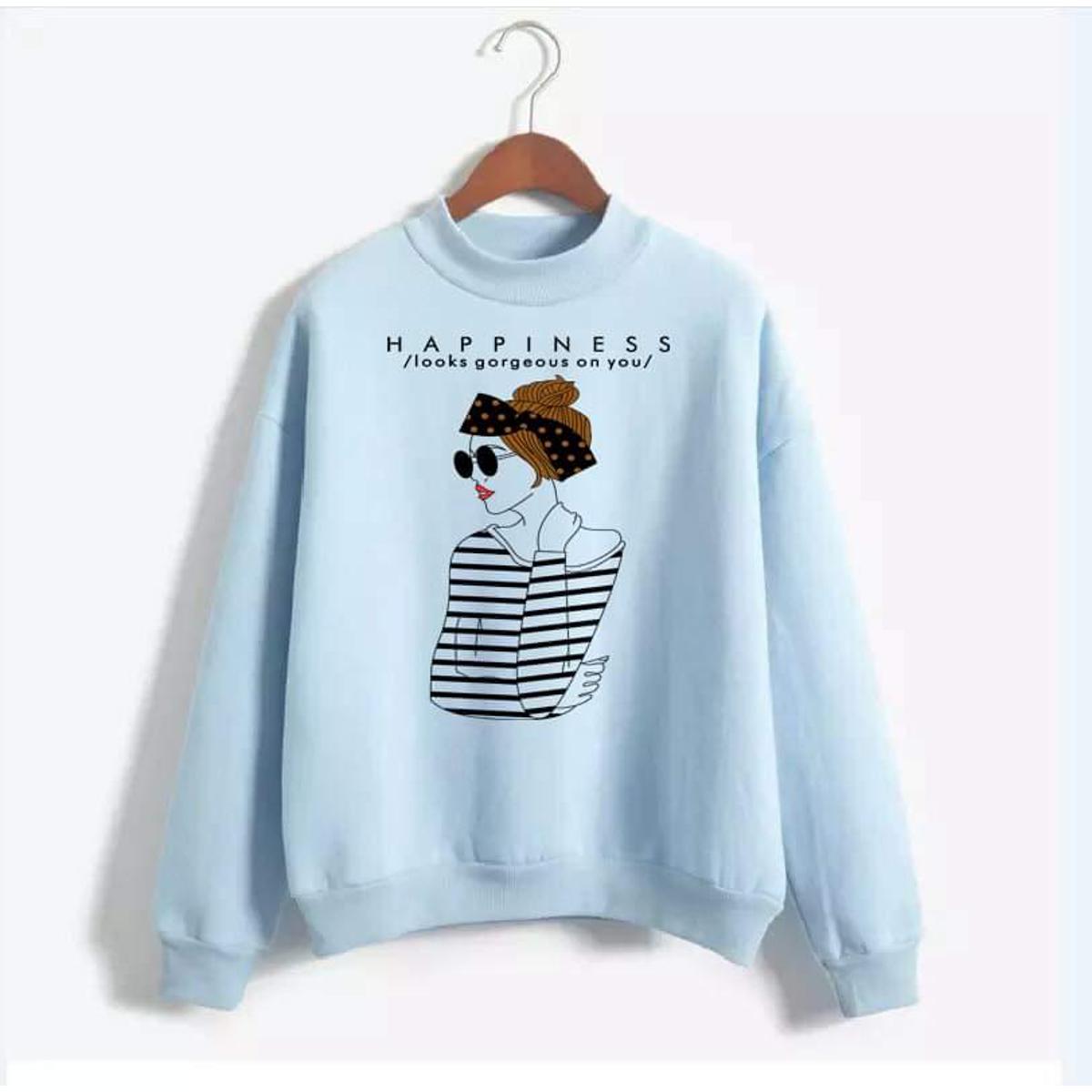 Happiness Printed Fleece Ribbed Neck Fullsleeves Pullover Sweatshirt