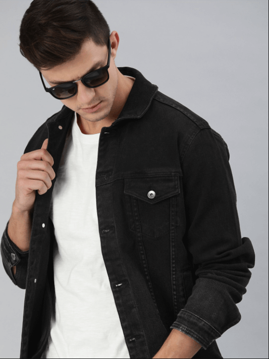 Mens Denim Jacket Black - Front View - AceCart