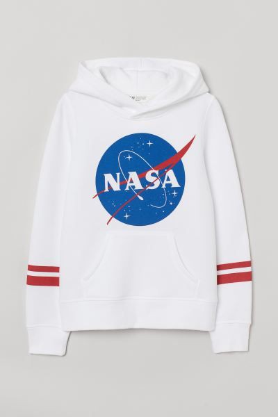 White Nasa Printed Fleece Full Sleeves Pull Over Hoodie For Women and Men