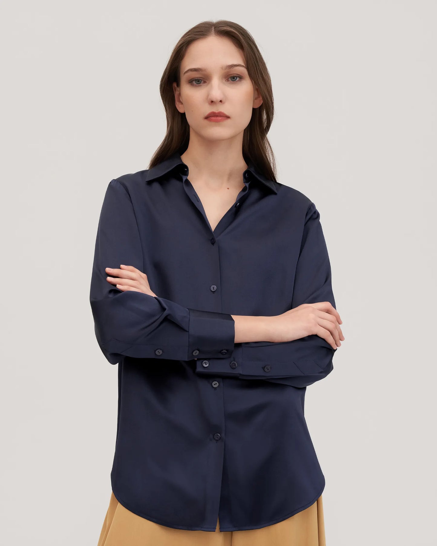 Navy Blue Silk Shirt For Womens