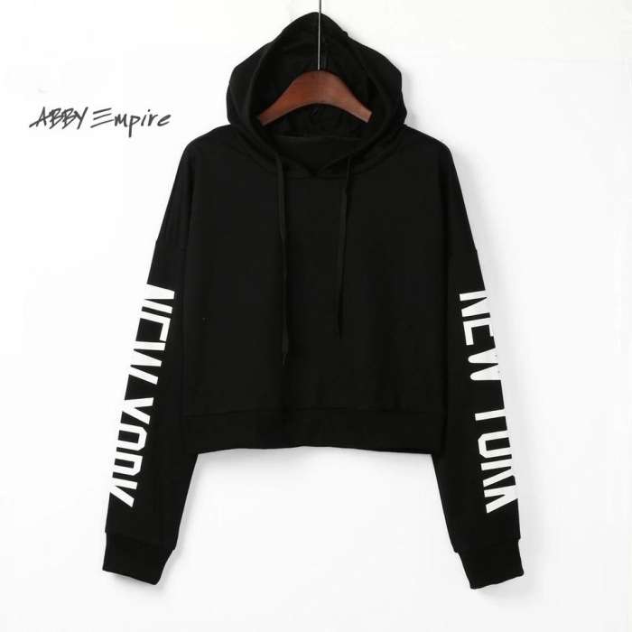 Fleece Cotton Printed NEW YORK Crop Hoodie For Womens1 - AceCart Warm Hooded Sweatshirt in Black