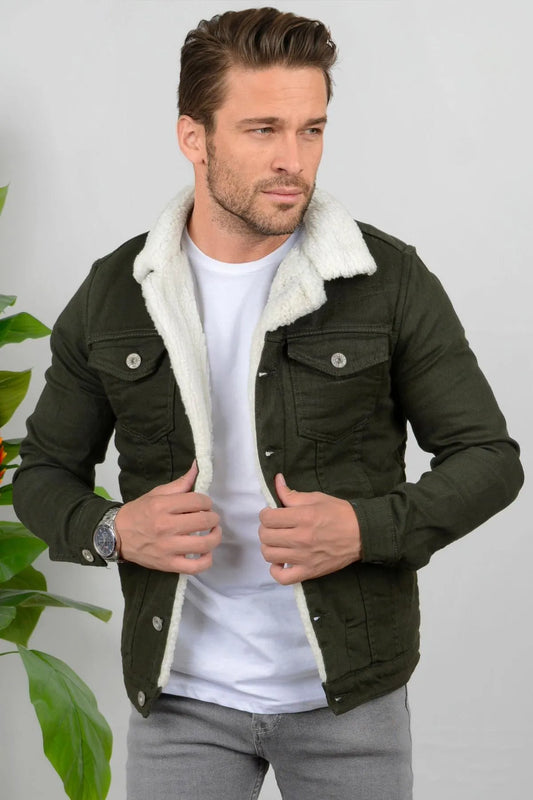 Olive Green Denim Jacket With White Fur - Ace Cart