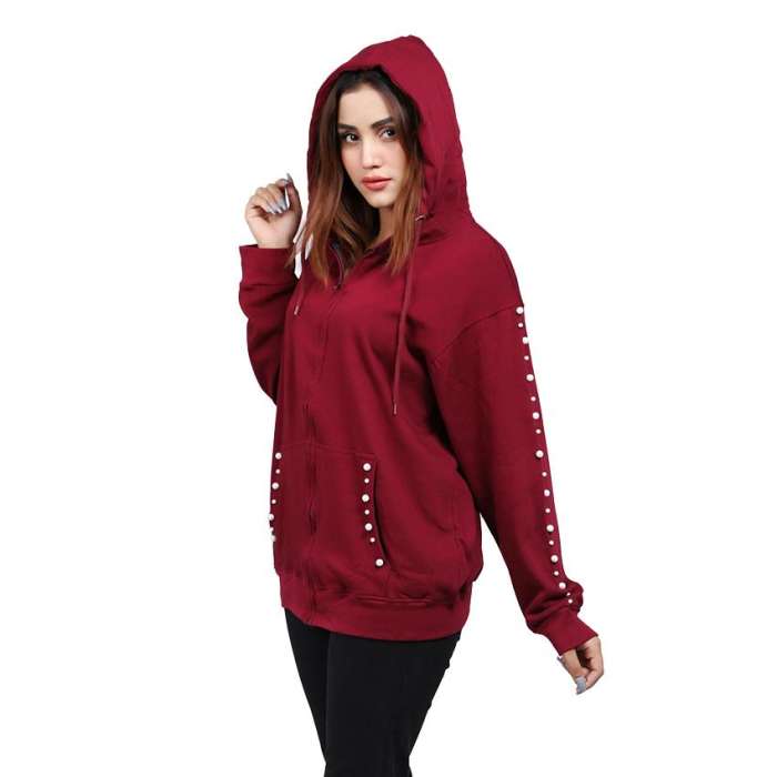 MandJ Max Maroon Pearl Embellished Hoodie For Women - AceCart Warm Hooded Sweatshirt in Maroon