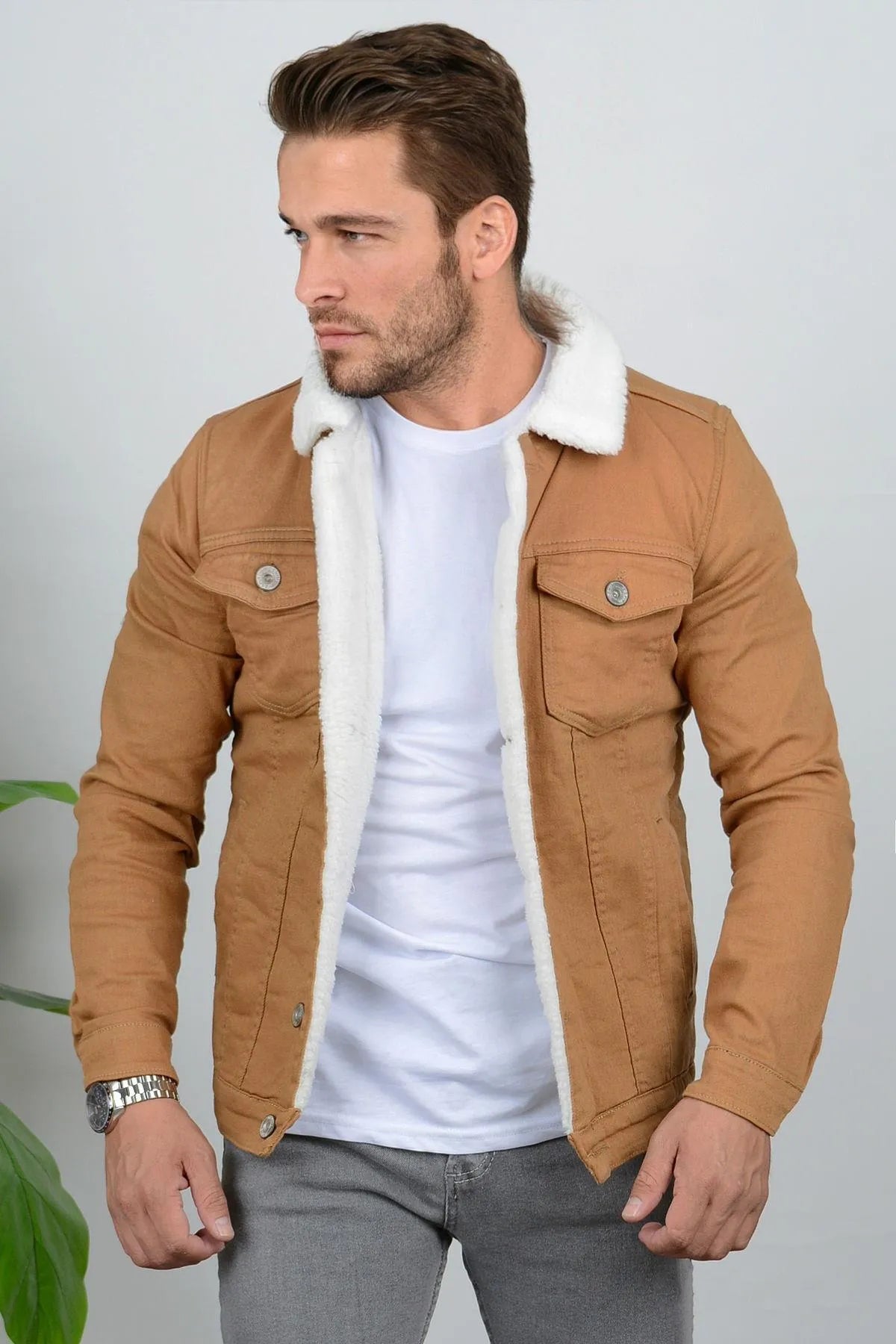 Khaki Denim Jacket With White Fur - Ace Cart