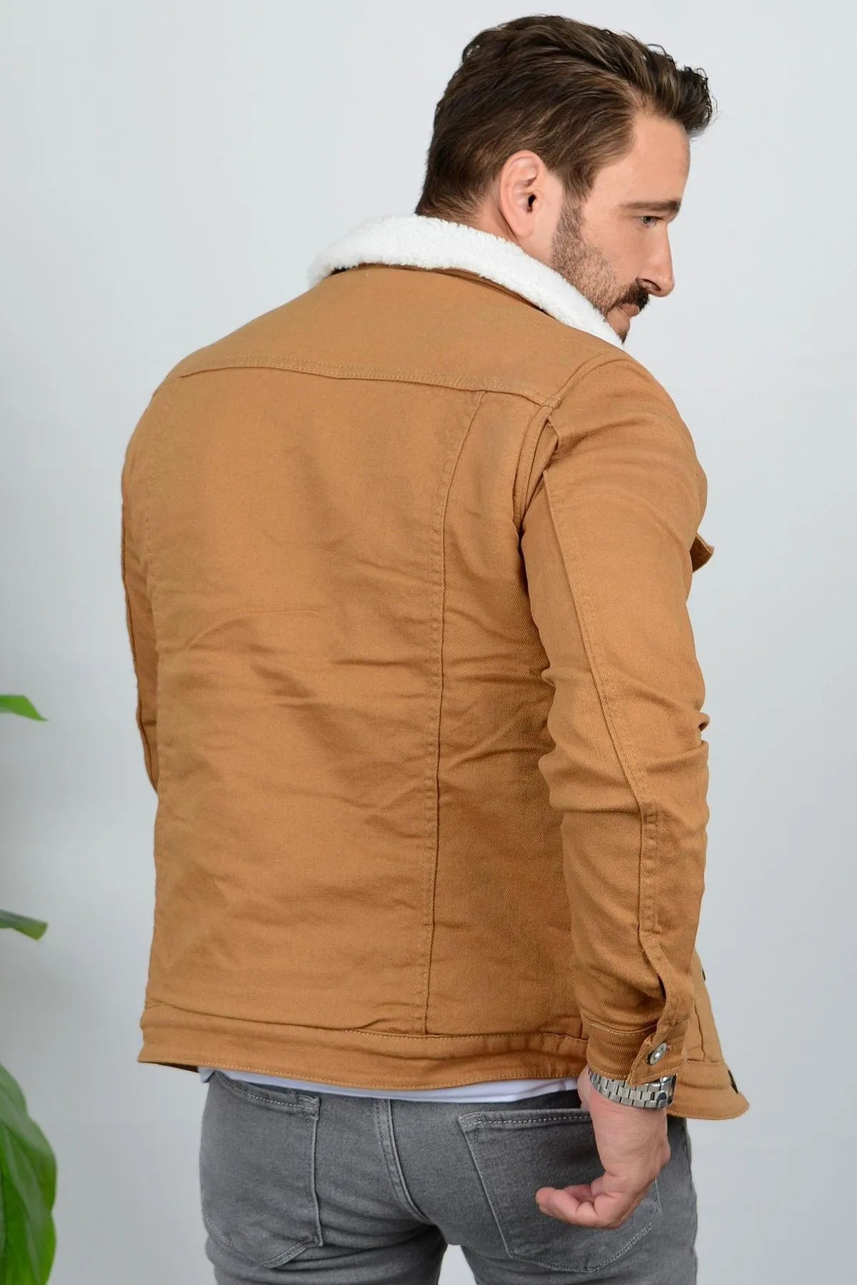 Khaki Denim Jacket With White Fur Back Pose - Ace Cart