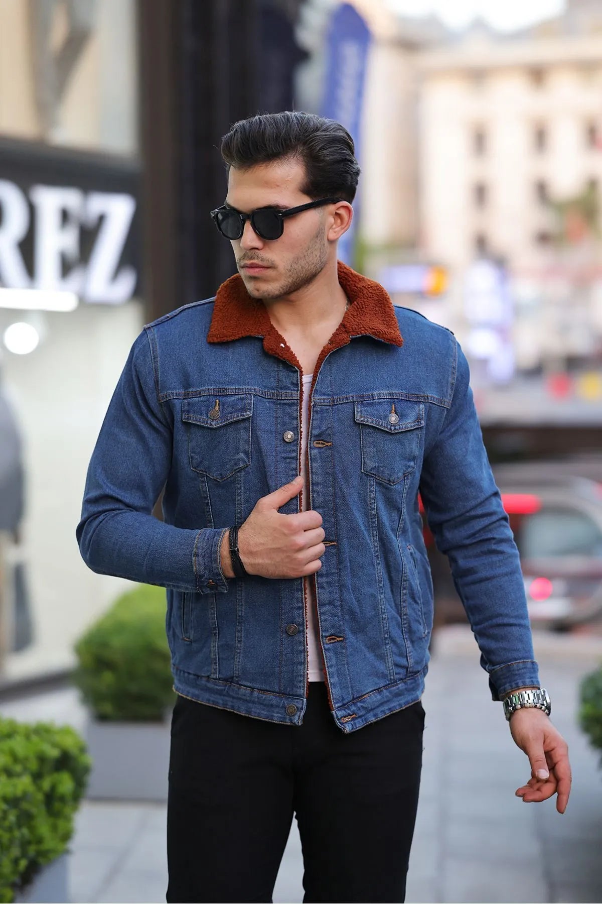 Blue Denim Jacket With Brown Fur Front Pose - Ace Cart