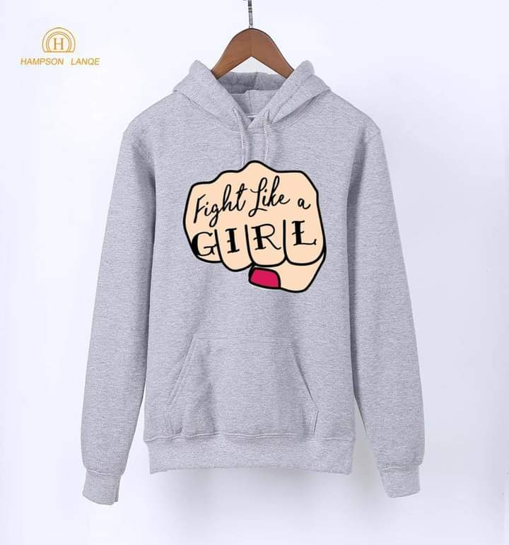 Fight Like A Girl Printed Fleece Full Sleeves Pull Over Hoodie For Women