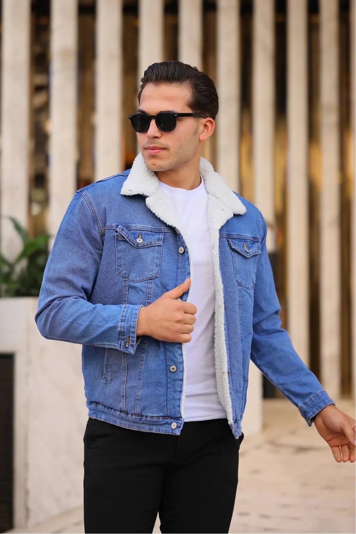 Light Blue Denim Jacket With White Fur - Ace Cart