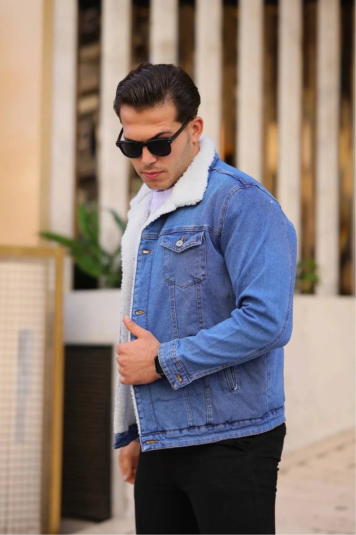 Light Blue Denim Jacket With White Fur