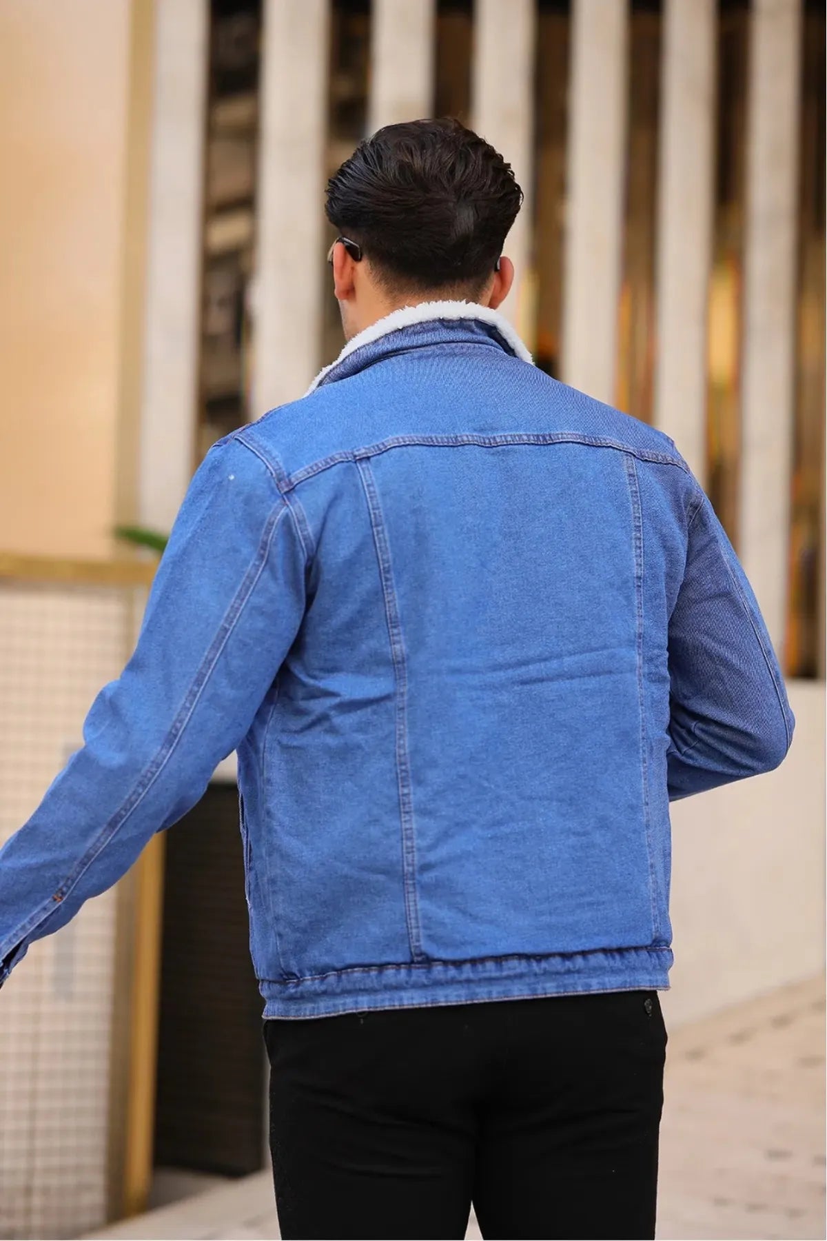 Light Blue Denim Jacket With White Fur Back Pose - Ace Cart