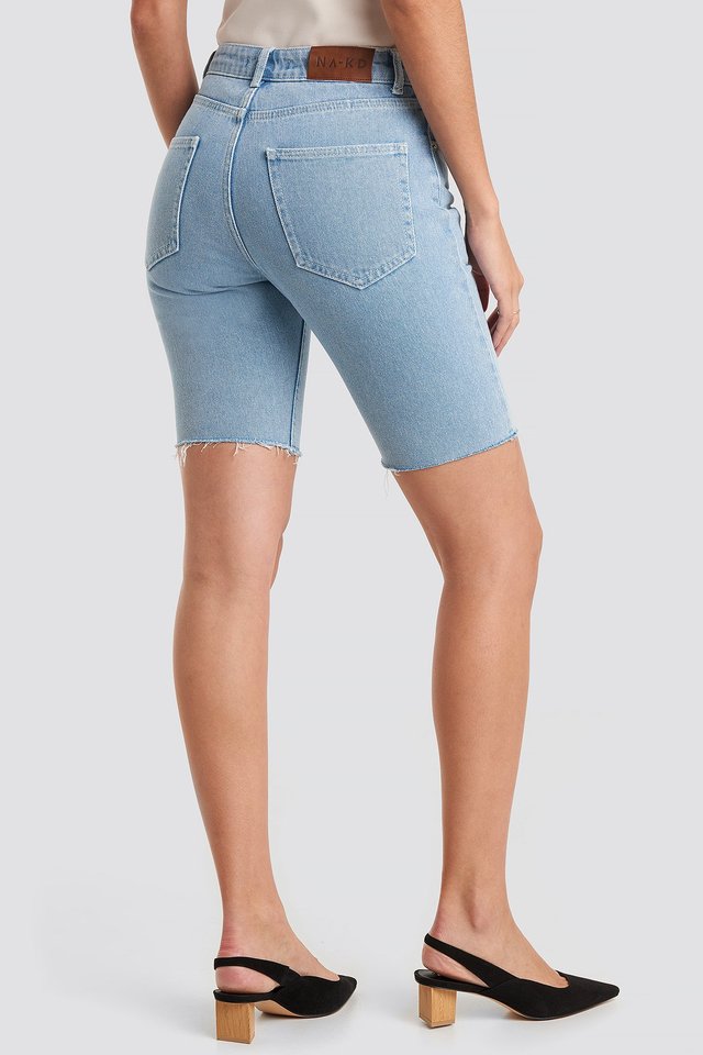 Raw Hem Denim Cycling Shorts Blue For Womens  - Back View - AceCart