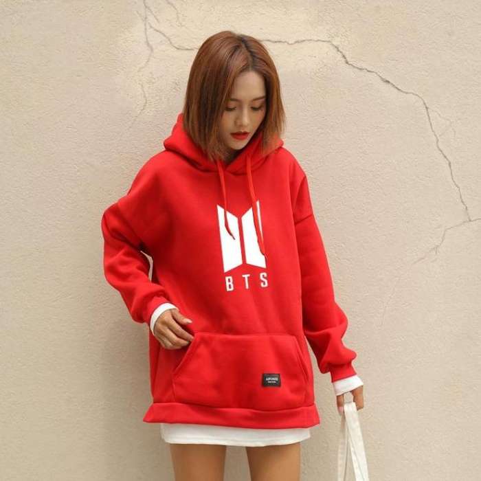 BTS Red Fleece Pullover Pocket Kangaroo Hoodie For Women - AceCart Warm Hooded Sweatshirt in Red