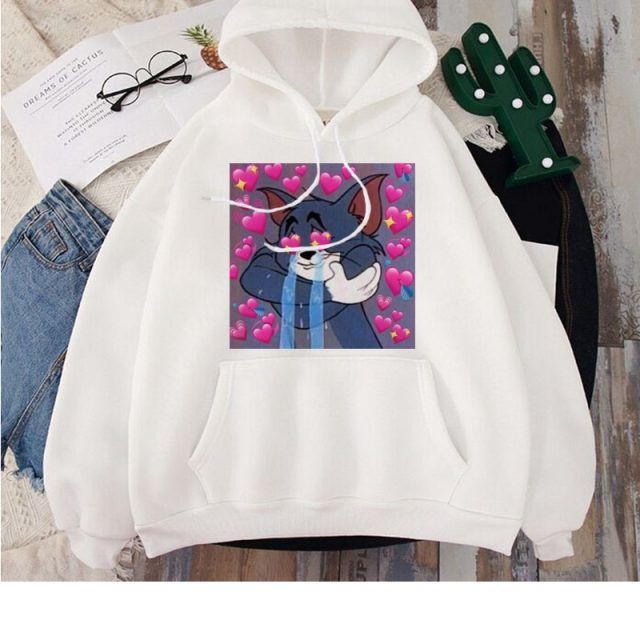 White Tom Aesthetic Printed Fleece Full Sleeves Pull Over Hoodie For Women