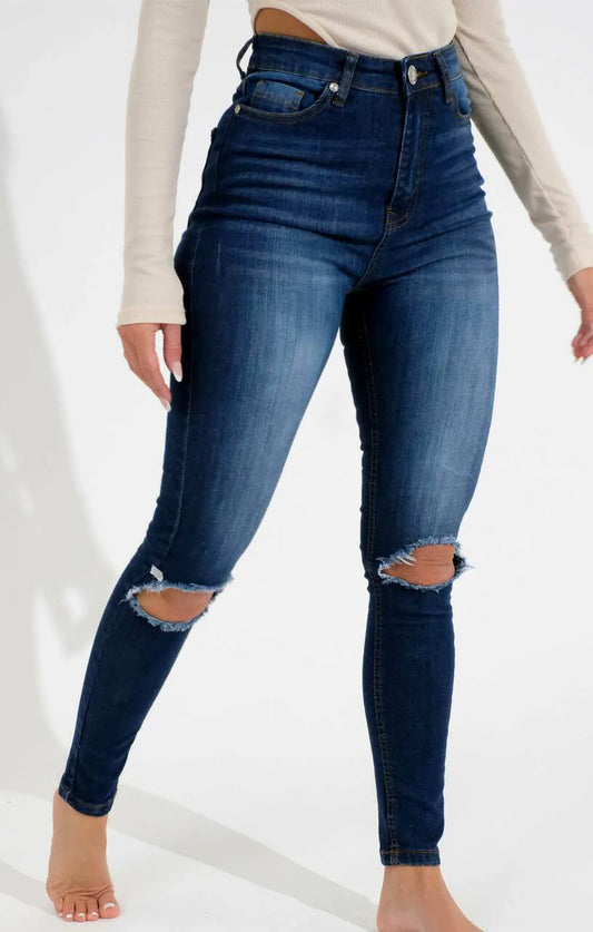 Blue Dark Wash High Waisted Ripped Knee Skinny Jeans