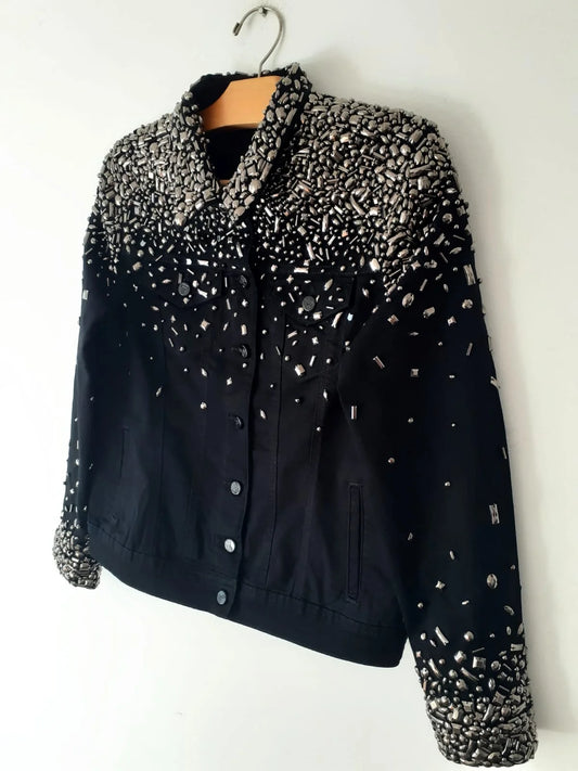 Women Crystals Black Denim Jacket Side View - Ace Cart