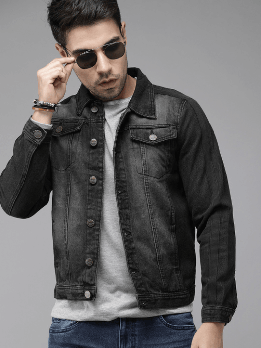 Mens Denim Jacket Black - Front View - AceCart