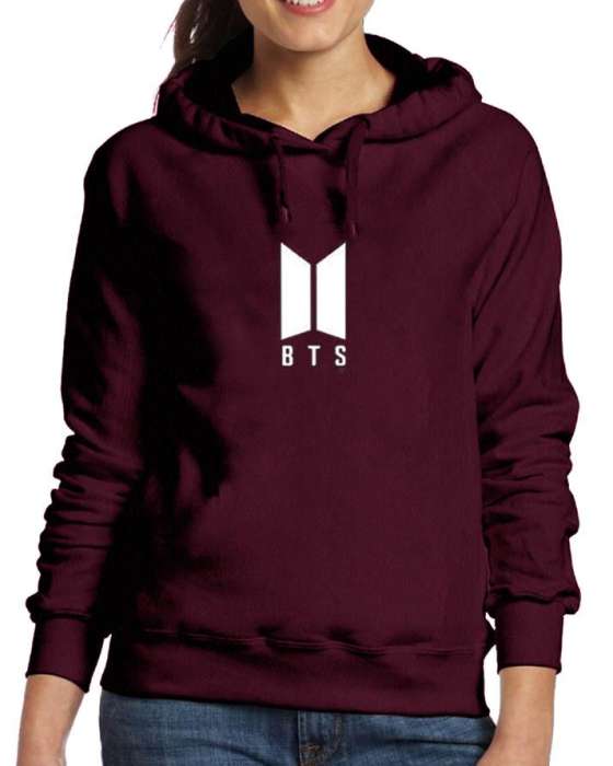 BTS Stylish Maroon Printed Hoodie For Women - AceCart Warm Hooded Sweatshirt in Maroon