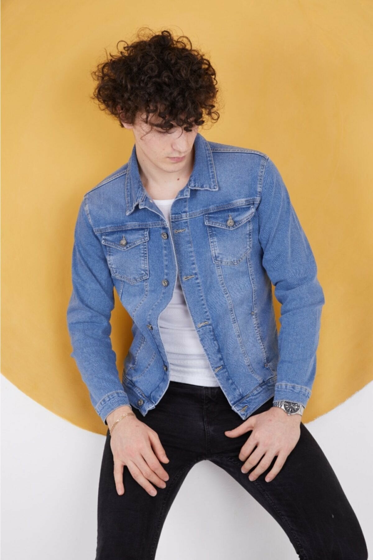 Long blue denim jacket best sale