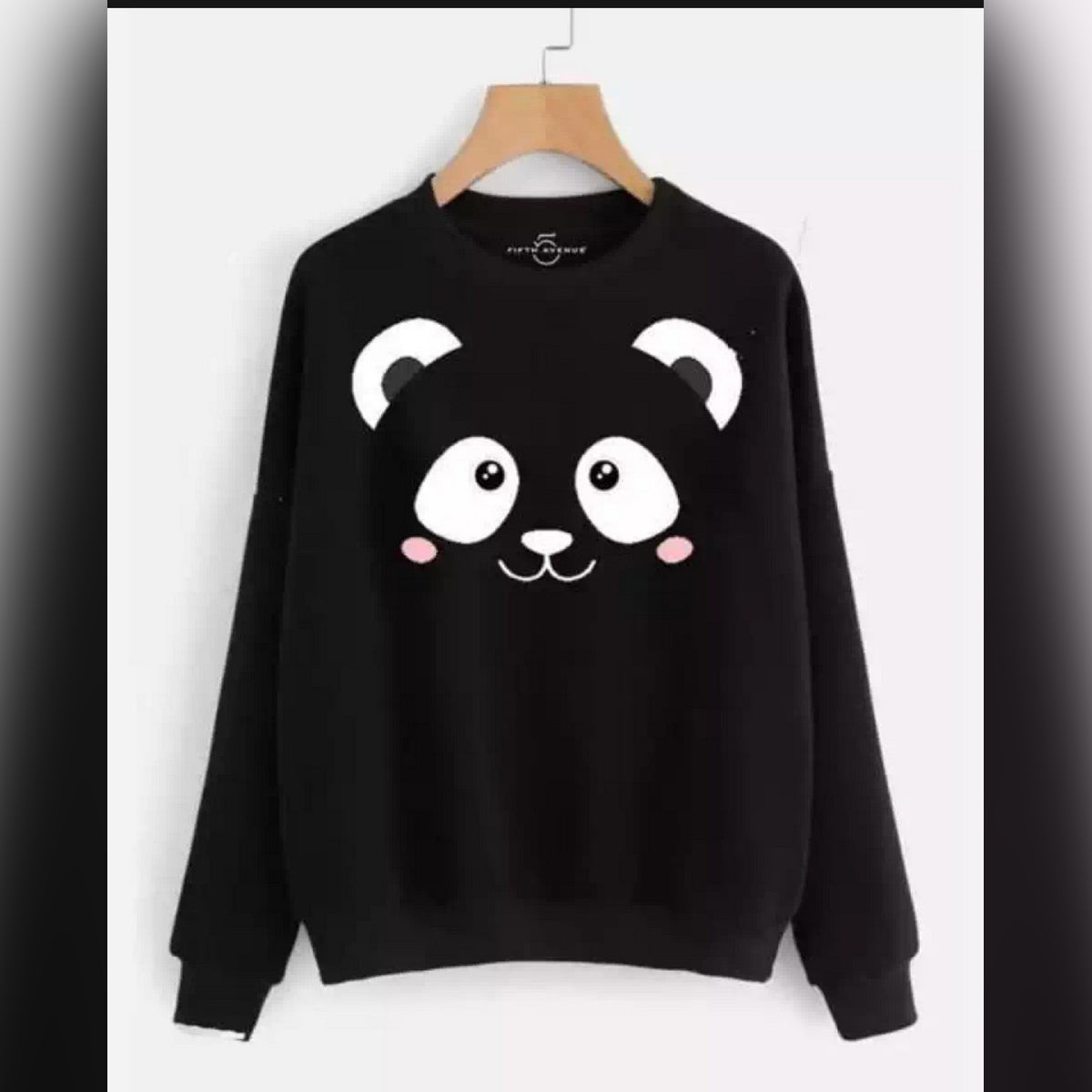 Black Panda Printed Fleece Full Sleeves Pull Over Sweatshirt For Women