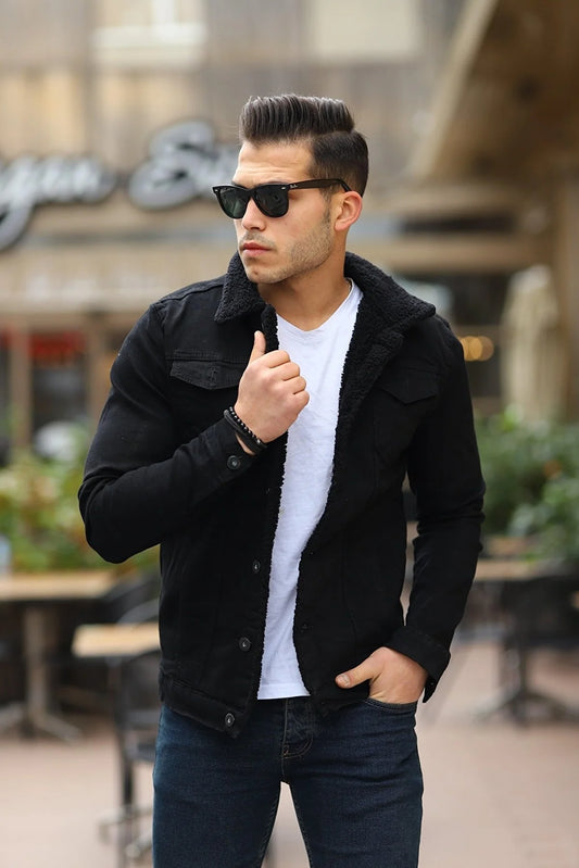 Black Full Inner Fur Denim Jacket For Mens