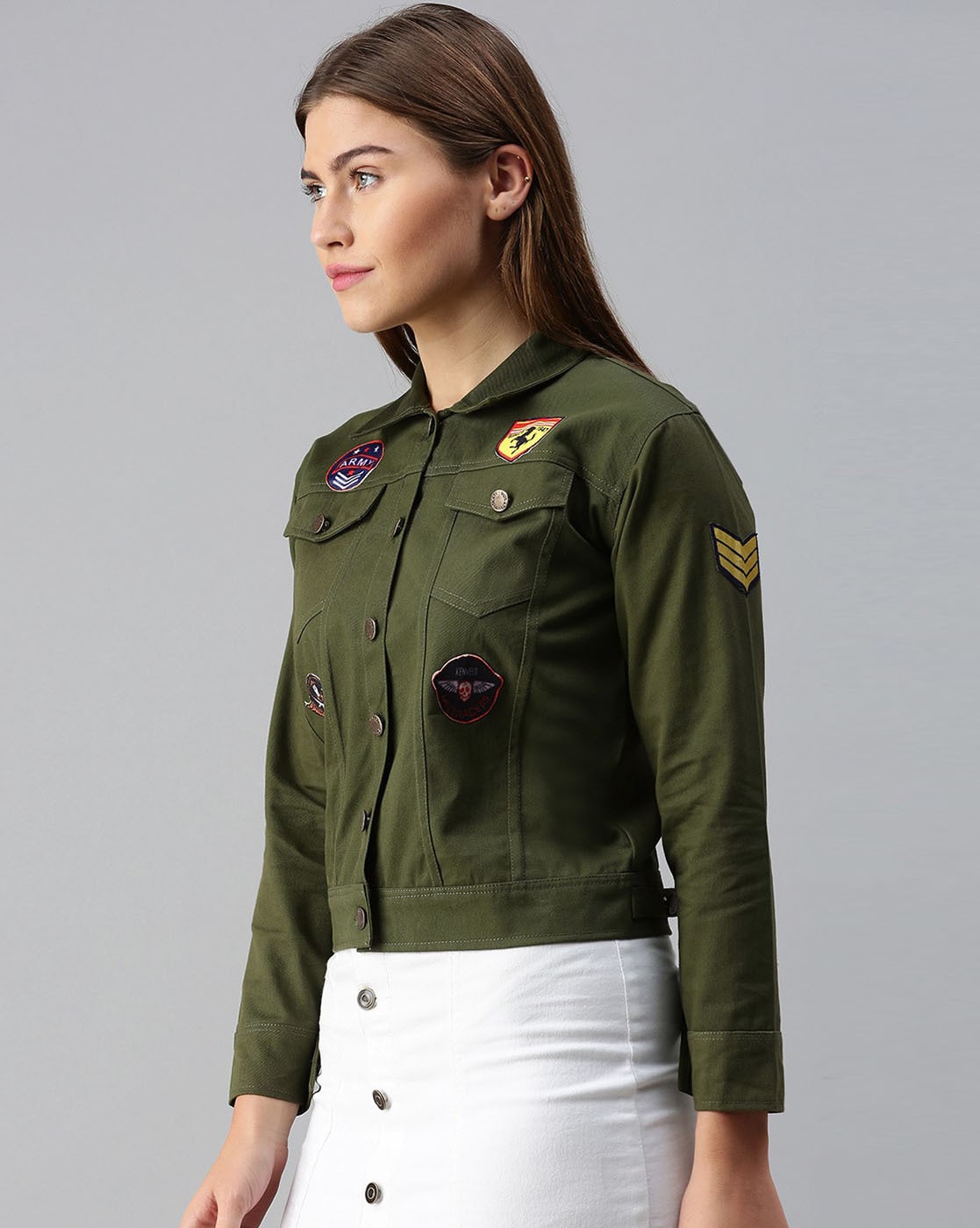 Women's Olive Green Denim Jacket With Badges Left View - Ace Cart