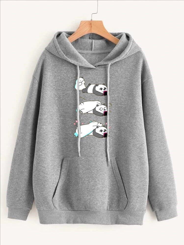 Lazy Bears Printed Fleece Full Sleeves Pull Over Hoodie For Women