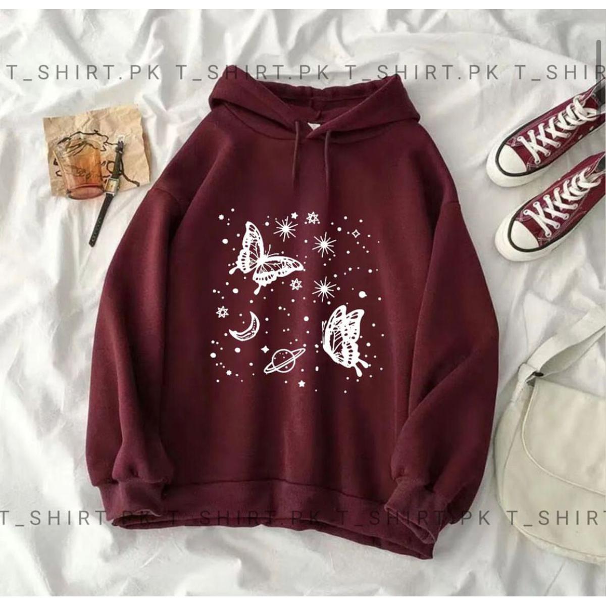 Maroon Butterfly & Stars Fleece Full Sleeves Pull Over Hoodie For Women