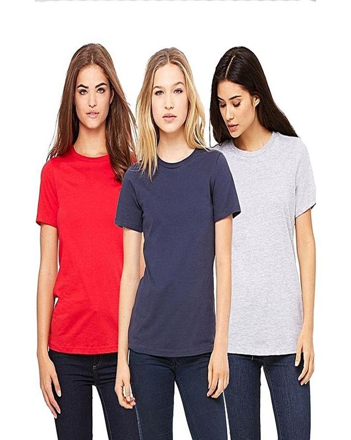 Pack of 3 - RedNavy Blue and Grey Plain T-Shirts For Her - Front View - AceCart