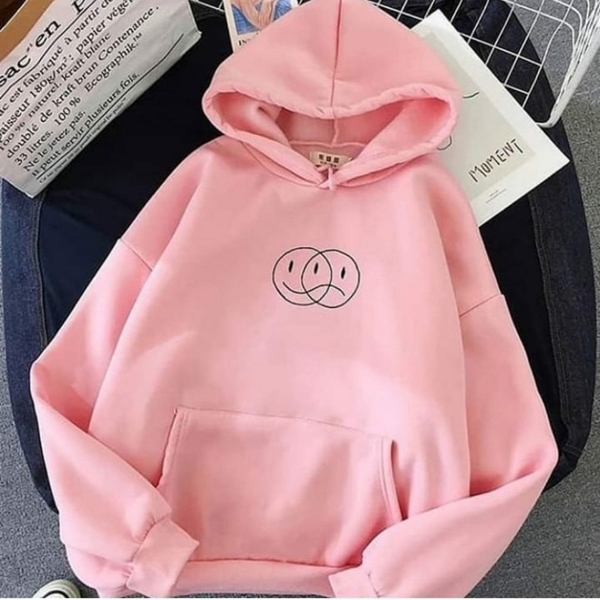 Pink Emoji Fleece Full Sleeves Pull Over Hoodie For Women