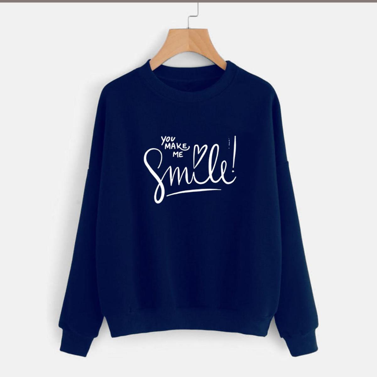 You Make Me Smile Printed Fleece Full Sleeves Pull Over Sweatshirt For Women