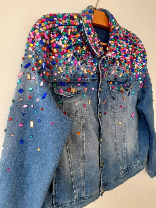 Women's Crystals Denim Jacket Side View - Ace Cart