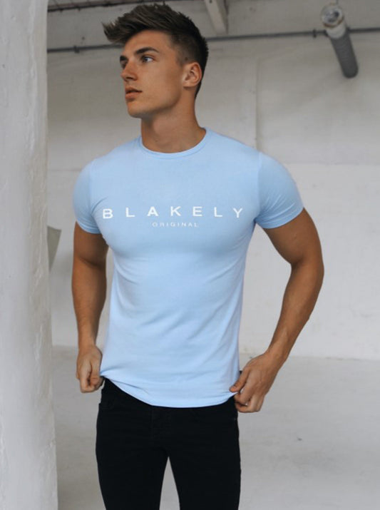 Blakly Printed Sky Blue Mens Cotton T-Shirt