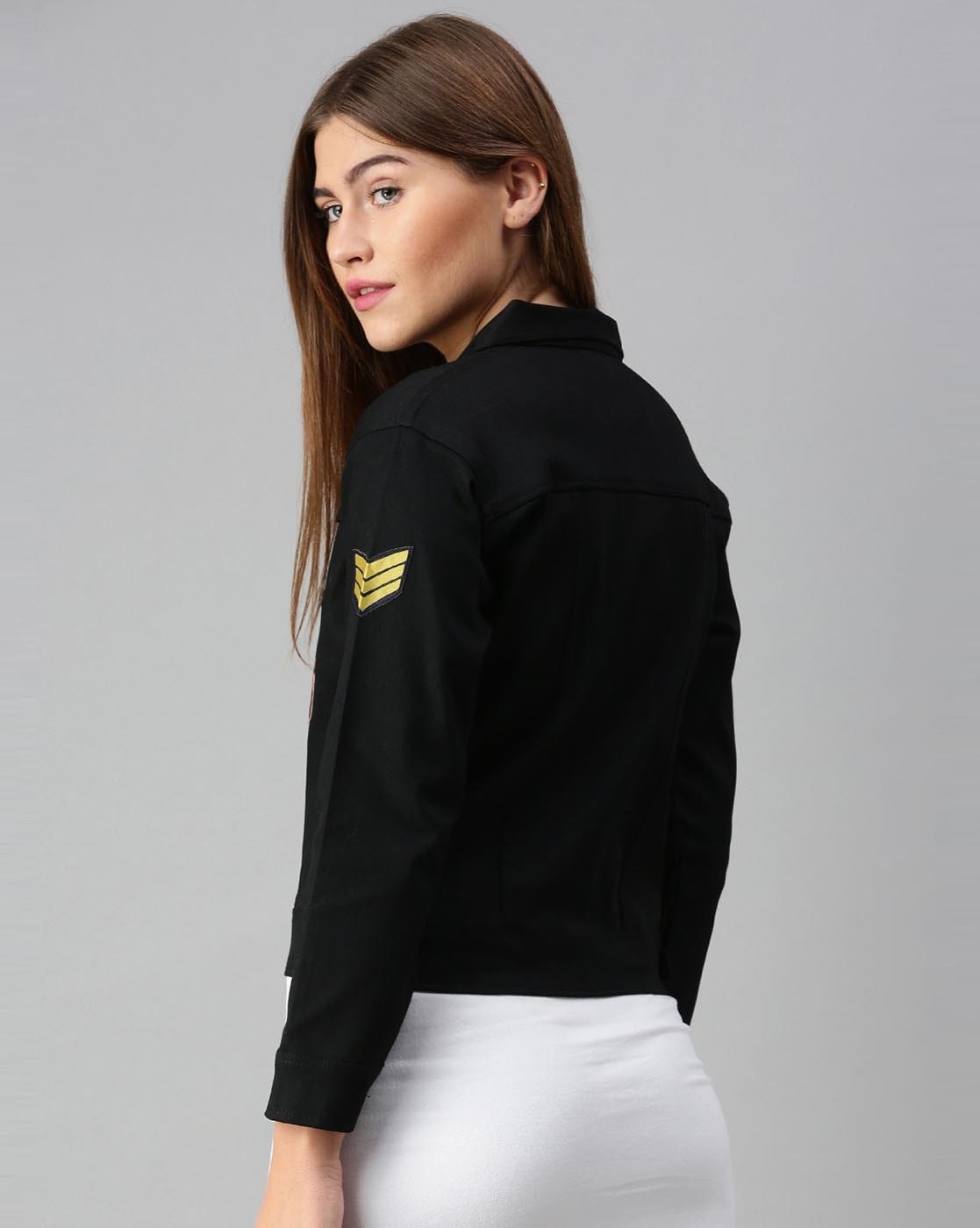 Women's Black Denim Jacket With Badges Side View - Ace Cart