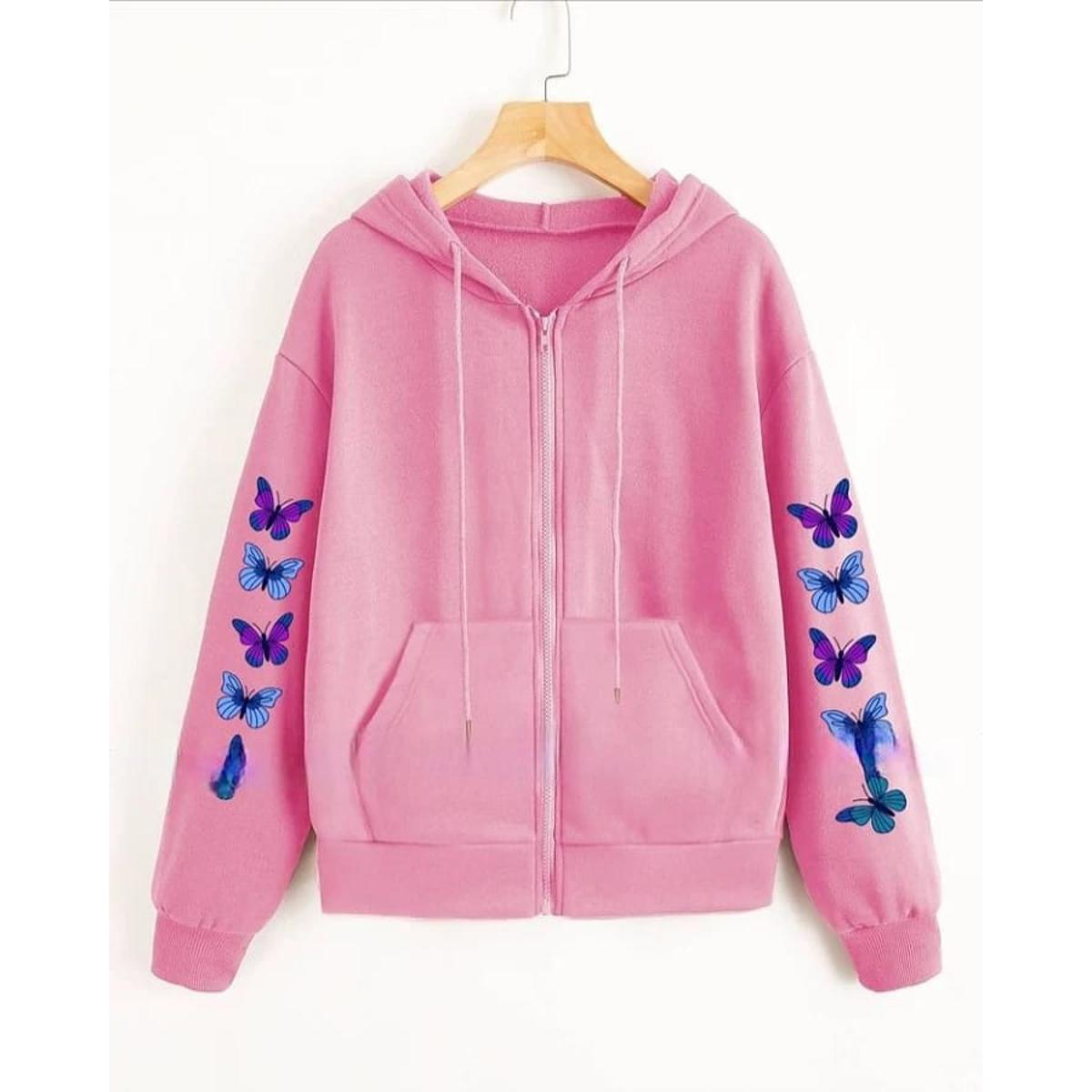 Pink Butterfly Fleece Full Sleeves Zipper Hoodie For Women