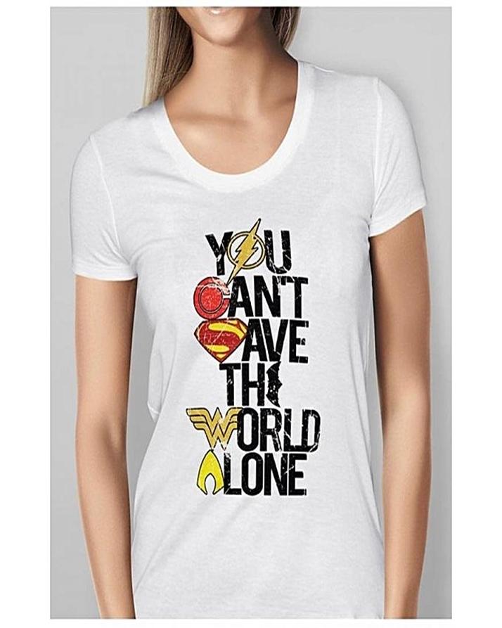 White U Cant Save D World Alone Cotton Printed T-Shirt - Front View - AceCart