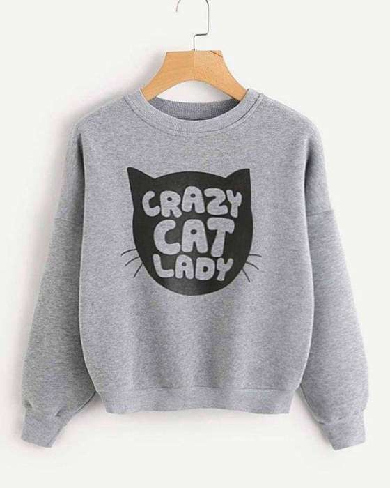 Grey Crazy Cat Lady Print Sweat Shirt For womens - AceCart Warm Hooded Sweatshirt in Grey