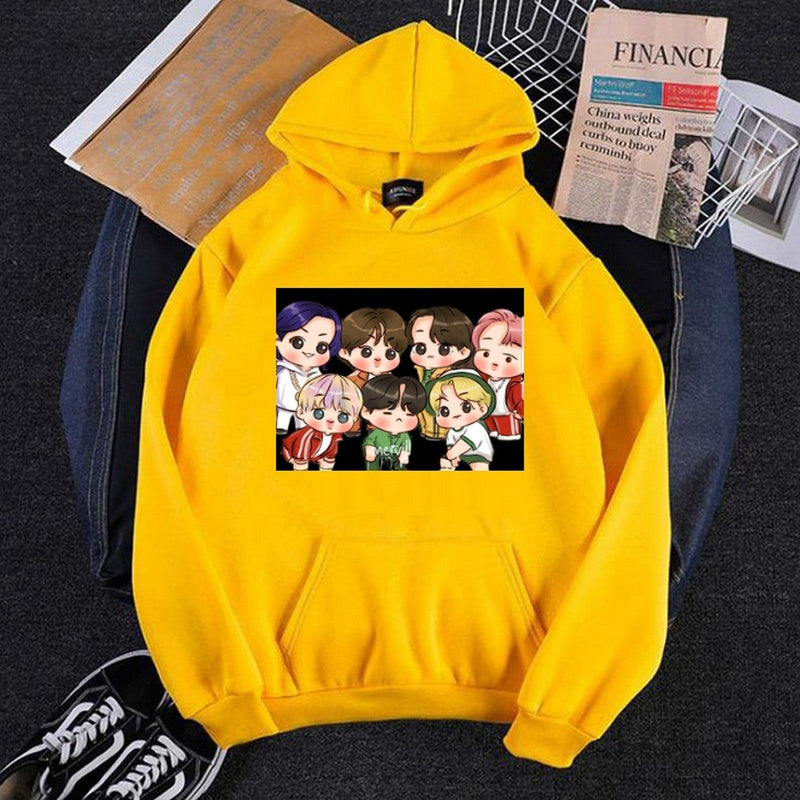 BTS Anime Fleece Full Sleeves Pull Over  Hoodie For Women