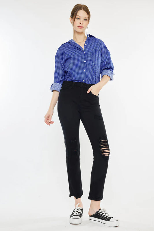 Damaged Ultra High Rise Slim Black Straight Leg Jeans