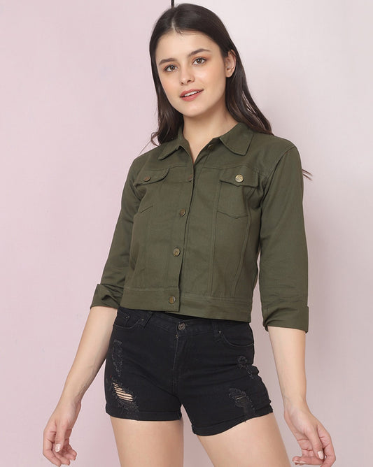 Button-Down Olive Denim Jacket For Womens