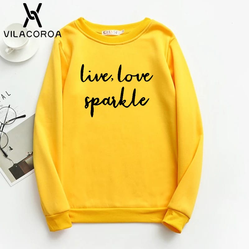 Live Love Sparkle Printed Fleece Full Sleeves Pull Over Sweatshirt For Women