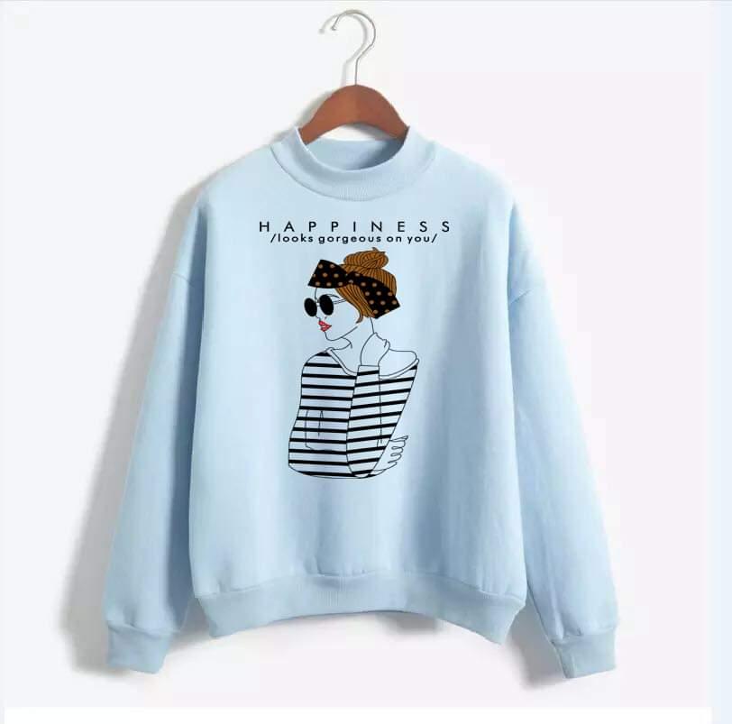 Happiness Printed Fleece Ribbed Neck Fullsleeves Pullover Sweatshirt