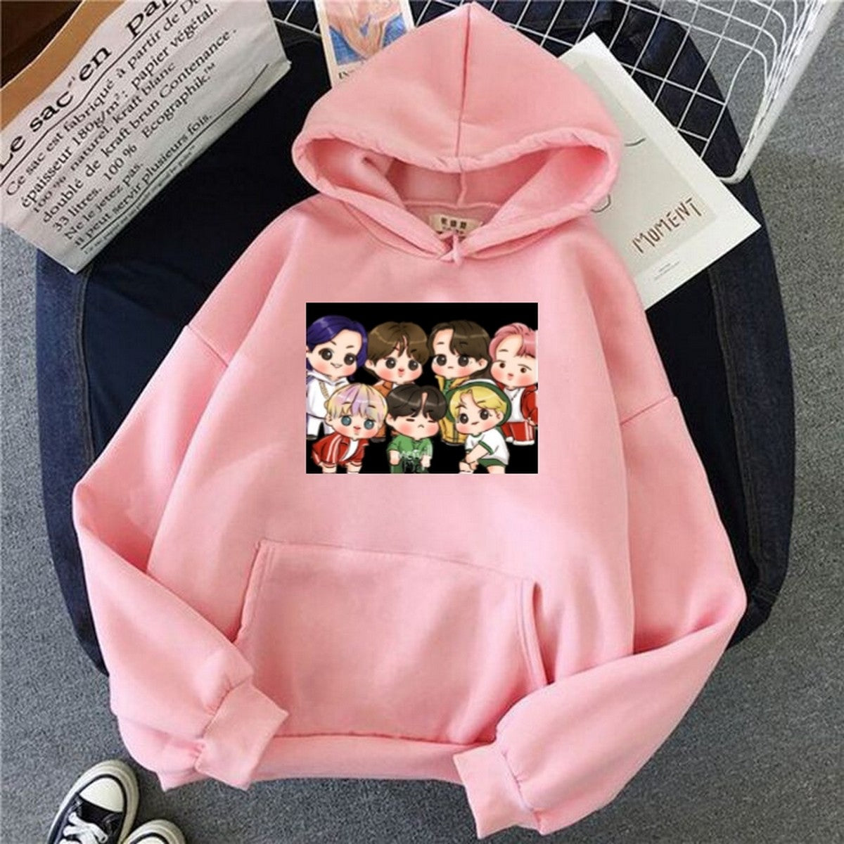 BTS Anime Fleece Full Sleeves Pull Over  Hoodie For Women