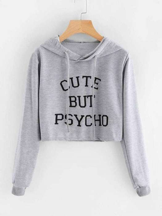 Cropped Hoddie Grey Cute But Psycho - AceCart Warm Hooded Sweatshirt in Grey