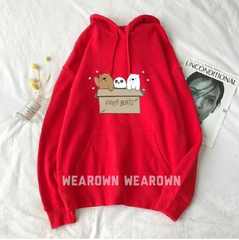 Free Bear Printed Fleece Full Sleeves Pull Over Hoodie For Women