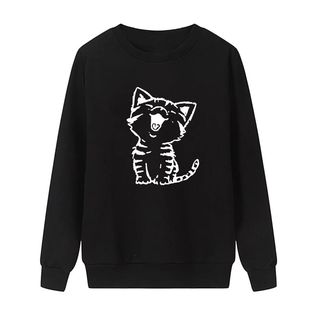 Cat Printed Fleece Full Sleeves Pull Over Sweatshirt For Women